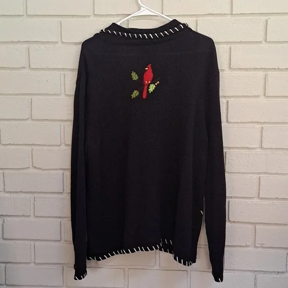 Breckenridge Black Embroidered Red Cardinal Zip Up Sweater. Size XL - Picture 7 of 10